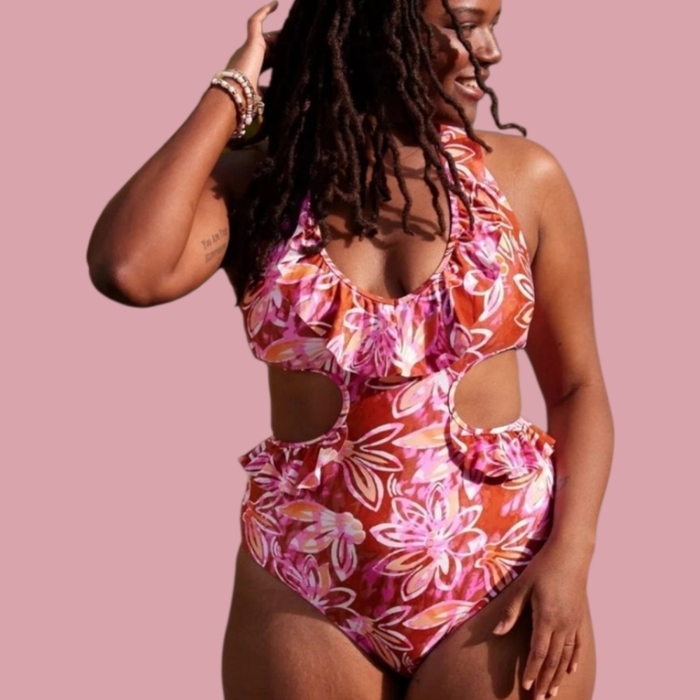 aerie Floral Ruffle One Piece Swimsuit. Size Medium Long